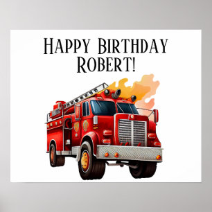 Affiche Enfant camion de pompiers rouge Joyeux Anniversair