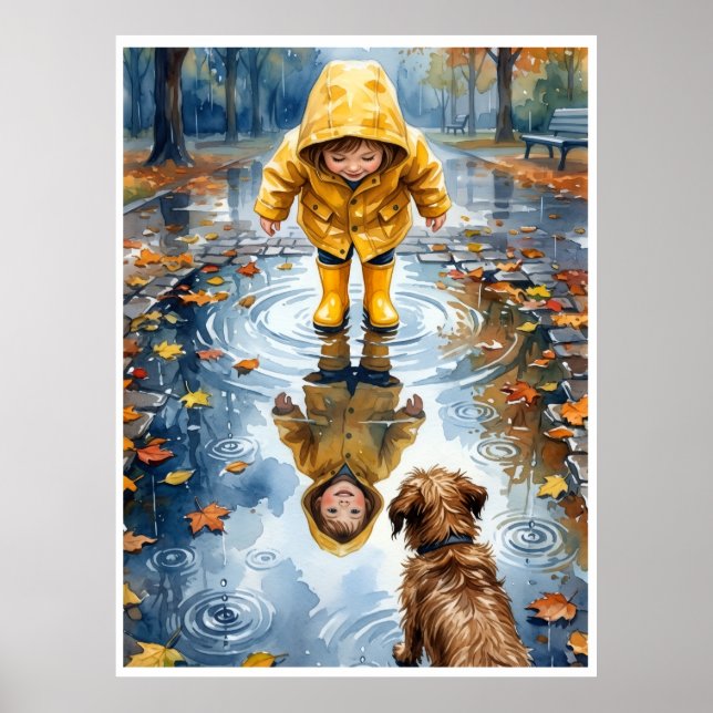 Affiche Enfant dans une flaque d'imperméable jaune avec ch (Devant)