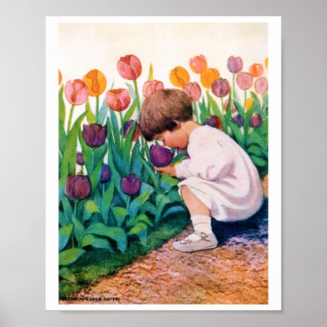 Affiche Enfant en Jardin aux fleurs de Tulip, Jessie Willc (Devant)