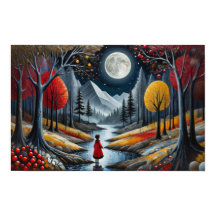 Enfant en manteau rouge explorant une forêt fantai