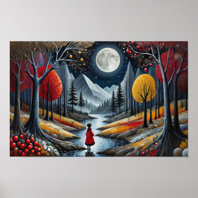 Affiche Enfant en manteau rouge explorant une forêt fantai (Devant)