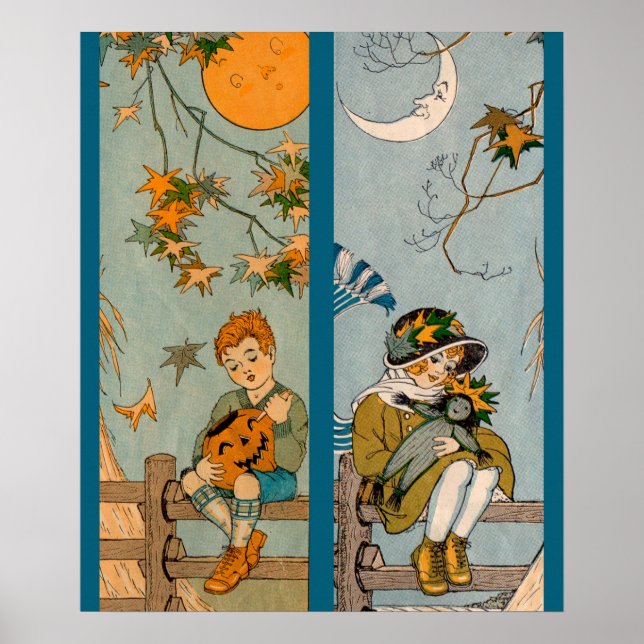 Affiche Enfant et fille des années 1920 en automne (Devant)