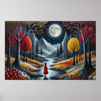 Affiche Enfant manteau rouge explorant la forêt lunaire la