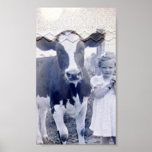 Affiche Enfant vintage et vache