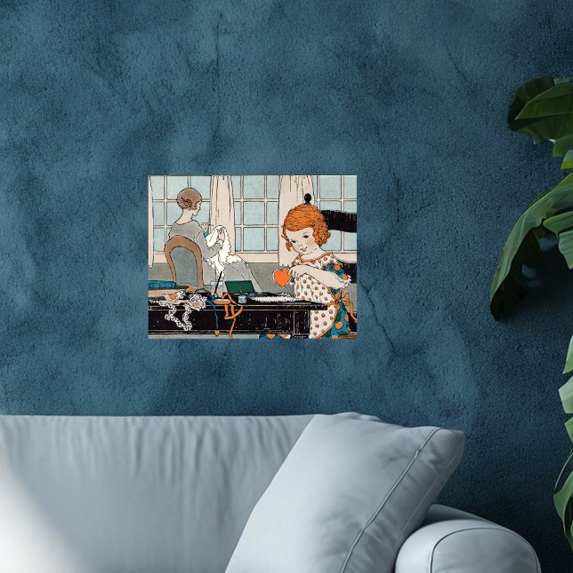 Affiche Enfant Vintage Fille Saint-Valentin pour Mère (Little red haired girl making paper hearts for mother sitting in chair sewing on wall art poster.)