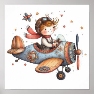 Affiche Enfant volant vieil avion Whimsical Nursery Art