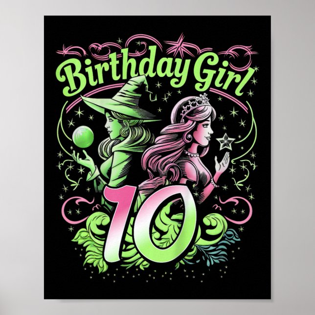 Affiche Enfants 10e Anniversaire Sorcière rose et vert 10  (Devant)