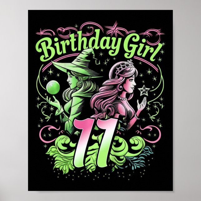 Affiche Enfants 11e Anniversaire Sorcière rose et vert 11  (Devant)