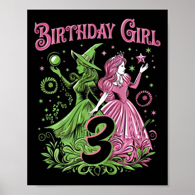Affiche Enfants 3ème anniversaire Sorcière Rose Et Vert 3  (Devant)