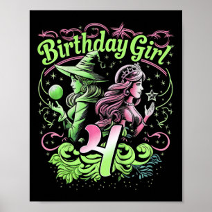 Affiche Enfants 4e Anniversaire Sorcière rose et vert 4 An