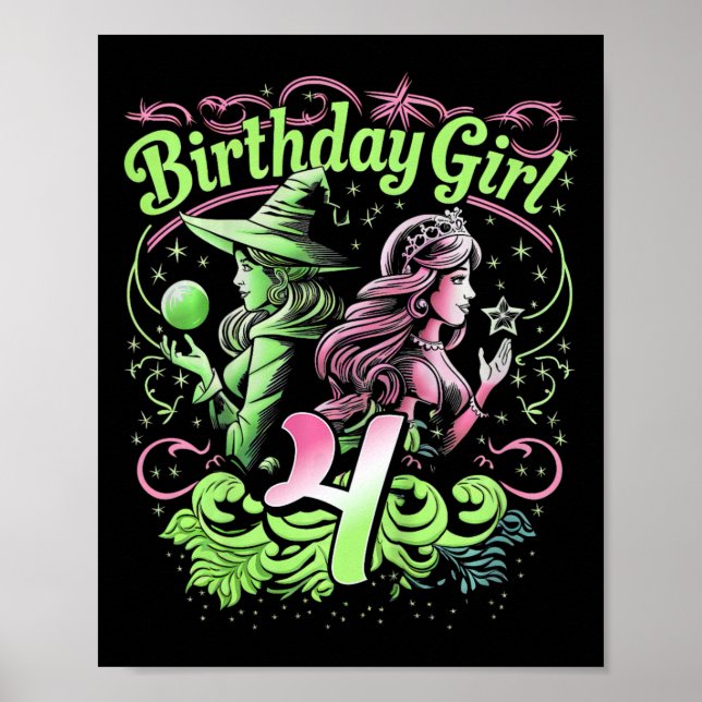 Affiche Enfants 4e Anniversaire Sorcière rose et vert 4 An (Devant)