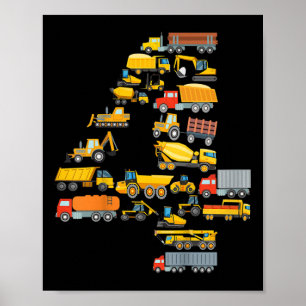 Affiche Enfants 4ème anniversaire garçon construction exca