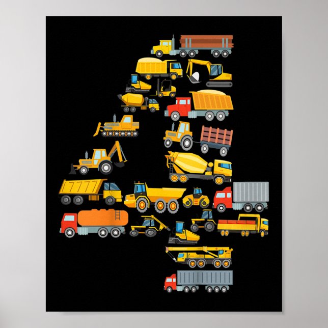 Affiche Enfants 4ème anniversaire garçon construction exca (Devant)