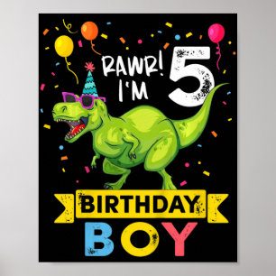 Affiche Enfants 5 ans 5e anniversaire garçon T Rex Dinosau