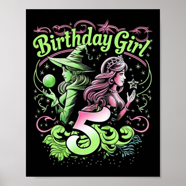 Affiche Enfants 5e Anniversaire Sorcière rose et verte 5 A (Devant)