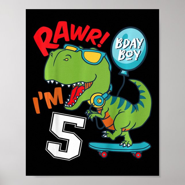 Affiche Enfants 5ème Anniversaire 5 Ans Garçon T-rex Skate (Devant)