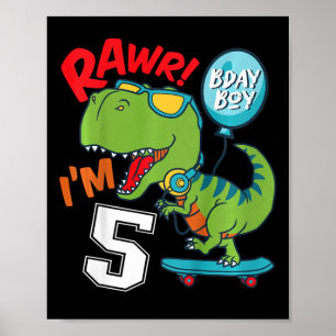 Affiche Enfants 5ème Anniversaire 5 Ans Garçon T-rex Skate