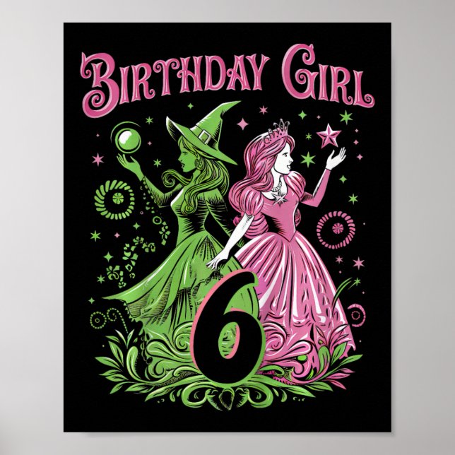 Affiche Enfants 6e Anniversaire Sorcière rose et verte 6 A (Devant)