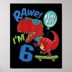 Affiche Enfants 6ème Anniversaire 6 Ans Garçon Rouge T-rex