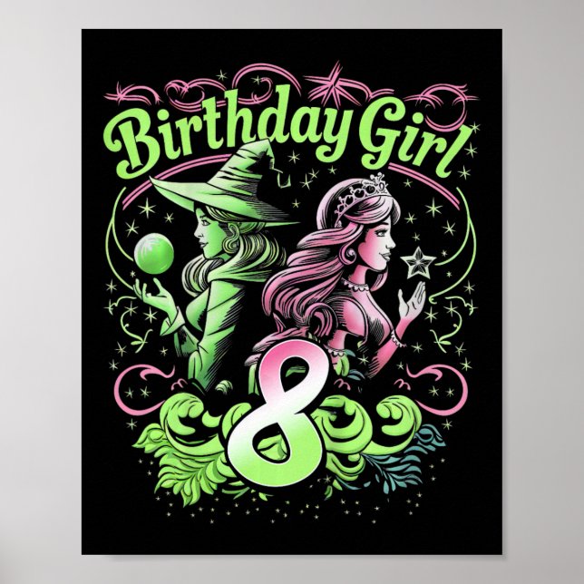 Affiche Enfants 8e Anniversaire Sorcière rose et verte 8 A (Devant)