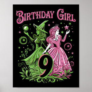 Affiche Enfants 9e Anniversaire Sorcière rose et verte 9 A