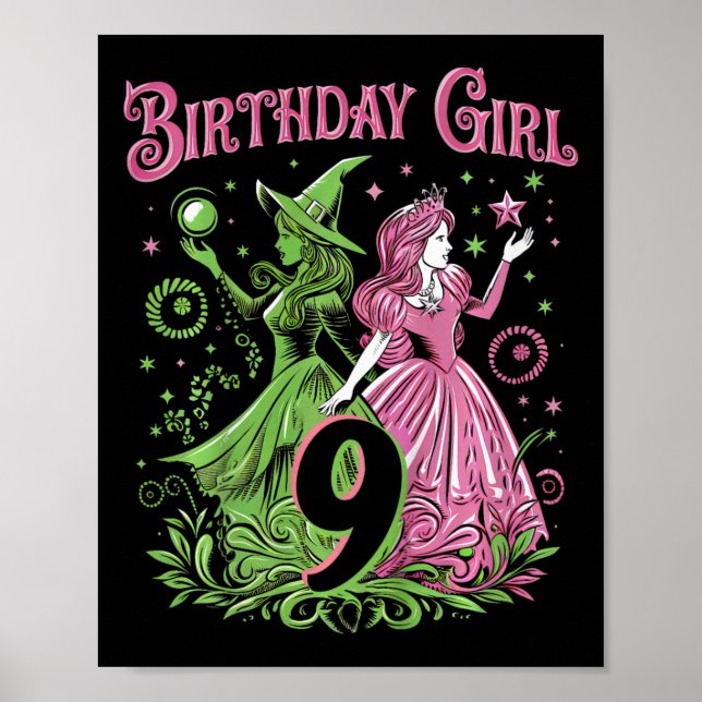 Affiche Enfants 9e Anniversaire Sorcière rose et verte 9 A (Devant)