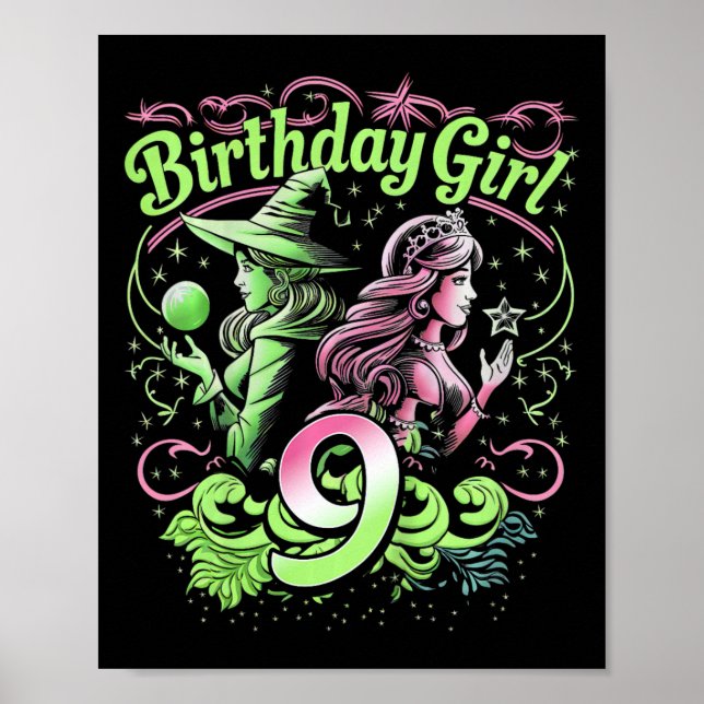 Affiche Enfants 9e Anniversaire Sorcière rose et verte 9 A (Devant)