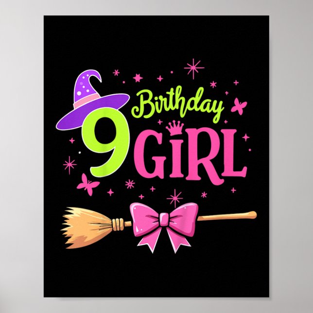 Affiche Enfants 9e Anniversaire Sorcière rose et verte 9 A (Devant)
