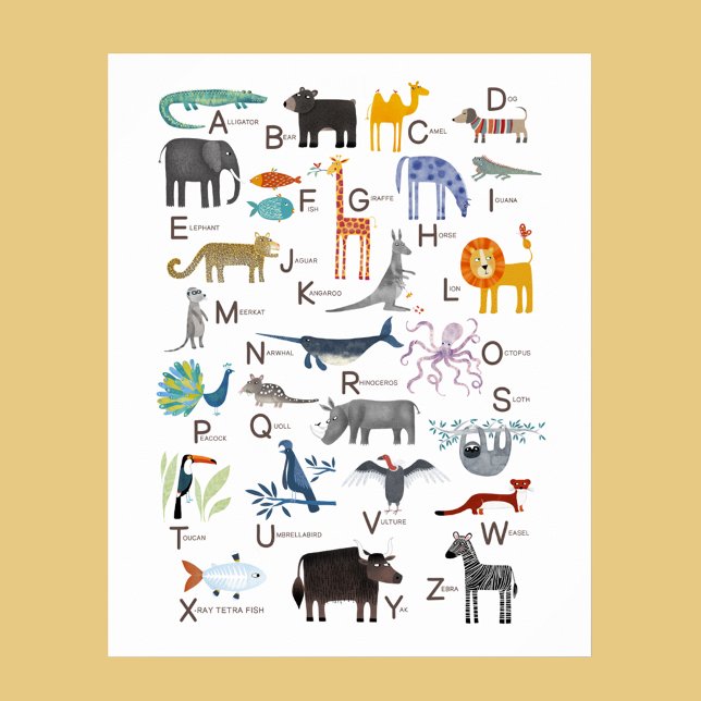 Affiche Enfants Animal ABC Alphabet Art (Cute animal ABC alphabet for newborn, boy or girl gender neutral nursery or kids room decor wall art)