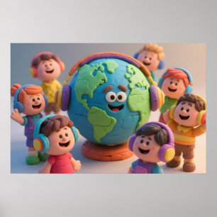 Affiche Enfants autistiques en argile colorée, Globe, casq