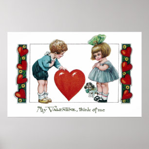 Affiche Enfants, chien et grand cru Valentine de coeur