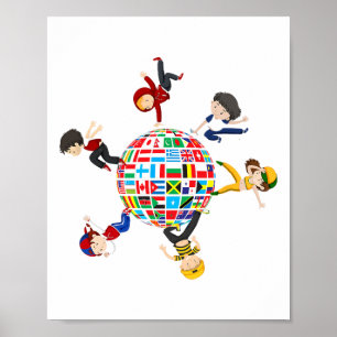 Affiche Enfants Dansant Autour Des Drapeaux Mondiaux D