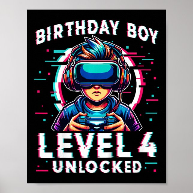 Affiche Enfants de niveau 4 déverrouillés 4 ans Anniversai (Devant)