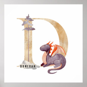 Affiche Enfants Dragon Nom Personnalisé Monogram D Nursery