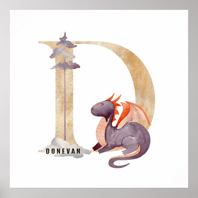 Affiche Enfants Dragon Nom Personnalisé Monogram D Nursery (Devant)