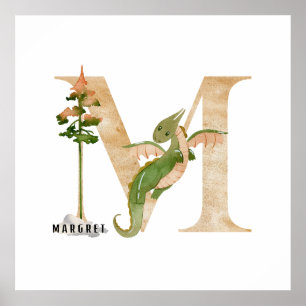 Affiche Enfants Dragon Nom personnalisé Monogram M Nursery