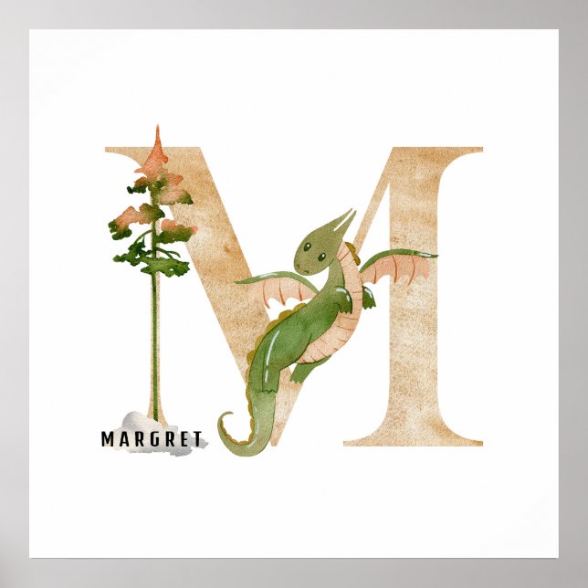 Affiche Enfants Dragon Nom personnalisé Monogram M Nursery (Devant)