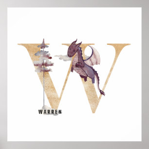 Affiche Enfants Dragon Nom personnalisé Monogram W Nursery