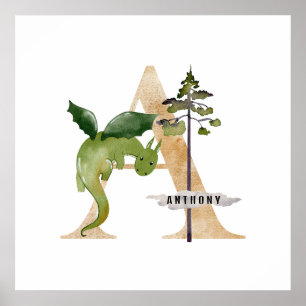 Affiche Enfants Dragon Nom Personnalisé Monogramme A Nurse