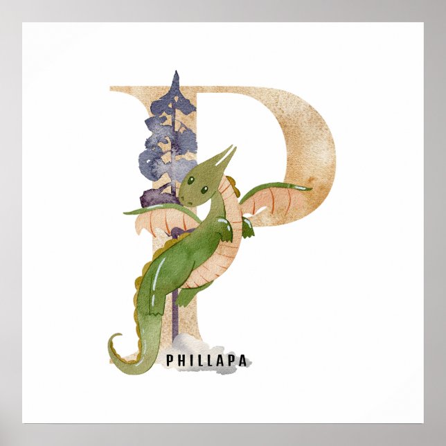 Affiche Enfants Dragon Nom personnalisé Monogramme P Nurse (Devant)