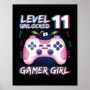 Affiche Enfants Gamer Girl 11 ans Niveau 11 déverrouillé