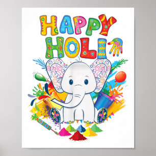 Affiche Enfants Happy Holi Festival Inde Couleur Elephant