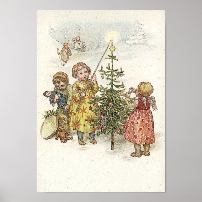 Affiche Enfants illuminent la bougie sur l'arbre (Devant)