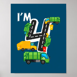 Affiche Enfants J'ai 4 ans Anniversaire Garbage Truck