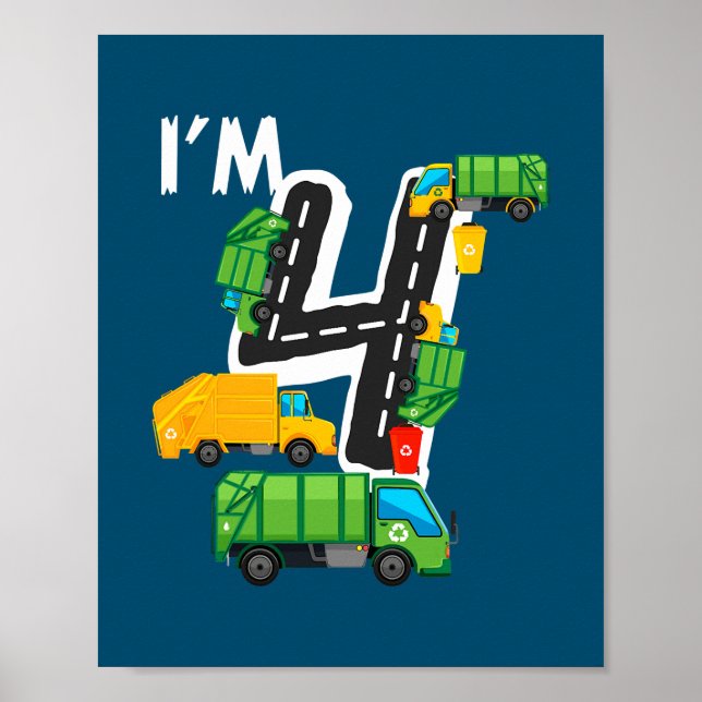 Affiche Enfants J'ai 4 ans Anniversaire Garbage Truck (Devant)