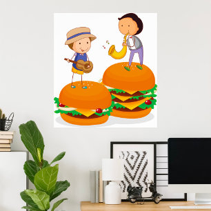 Affiche Enfants jouant de la musique sur des cheeseburgers