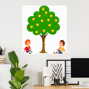 Affiche Enfants joueuses assis sous un arbre de pomme