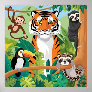 Affiche Enfants mignons Animaux Jungle Tigre Singe Oiseau