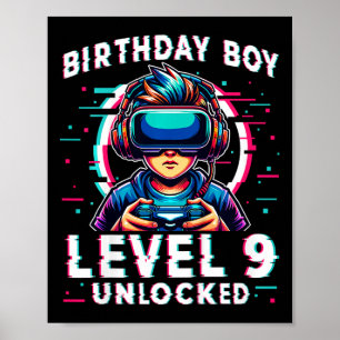 Affiche Enfants Niveau 9 Déverrouillé 9 ans Anniversaire J