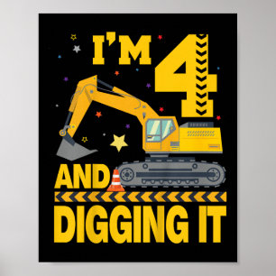 Affiche Enfants quatre 4ans 4e anniversaire Excavateur 4 a